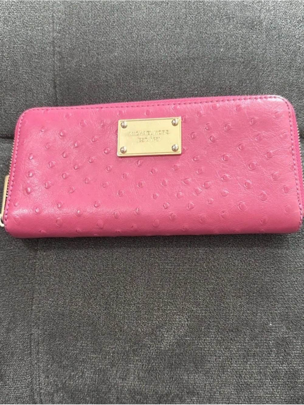 Michael Kors Hot Pink Bedford Ostrich Embossed Zip Wallet with Gold Plaque - Picture 9 of 9